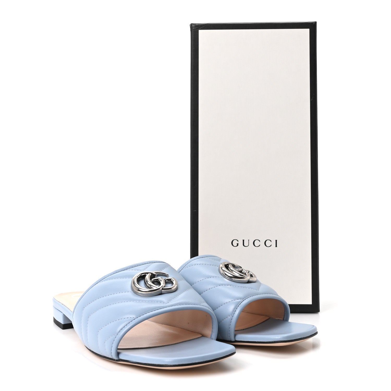Gucci Nappa Matelasse GG Marmont Flat Slide Sandals 40.5 Porcelain Light Blue 10 of 10