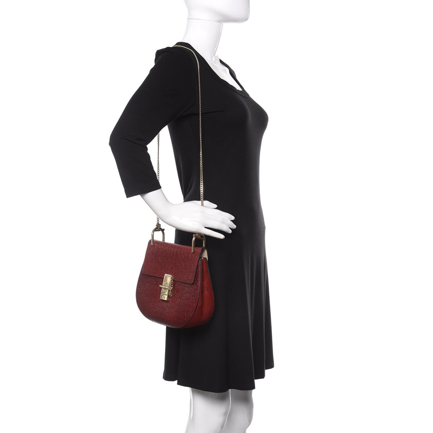 Calfskin Crocodile Embossed Drew Shoulder Bag Sienna Red