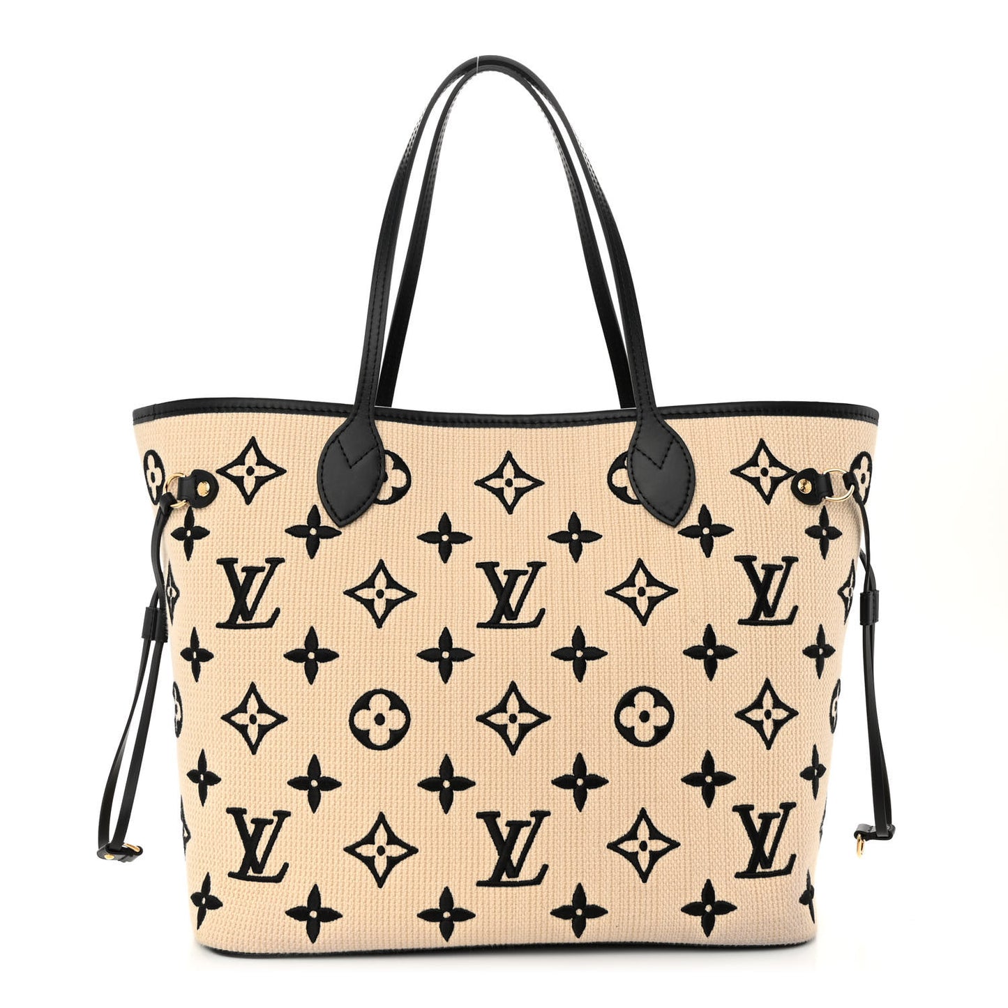 Cotton Monogram Embroidered Neverfull MM Beige Black