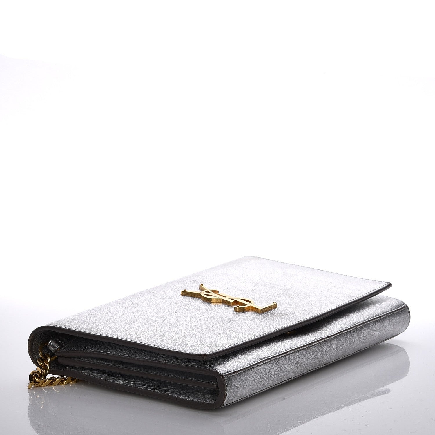 Saint Laurent Grained Metallic Calfskin Monogram Chain Wallet Argento 4 of 19