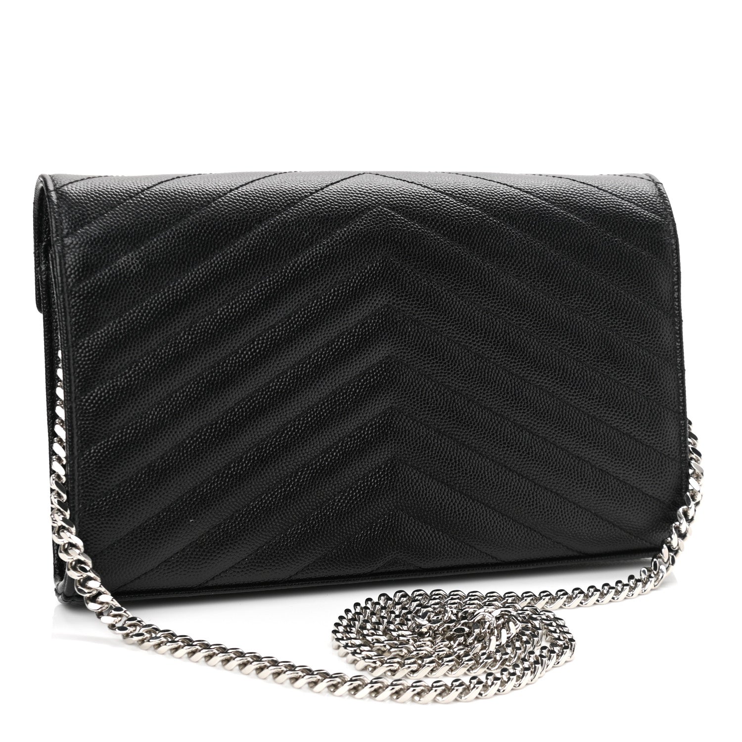 Saint Laurent Grain De Poudre Matelasse Chevron Monogram Chain Wallet Black 3 of 11