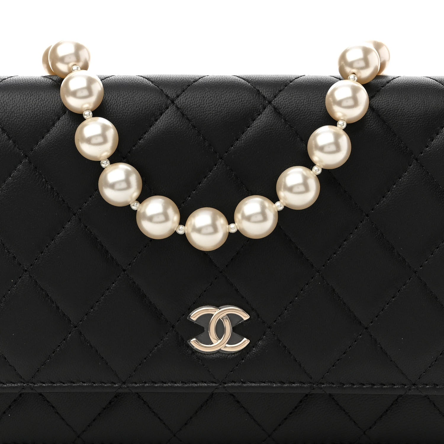 Chanel Lambskin Quilted Pearl Wallet On Chain WOC Black 9 of 12