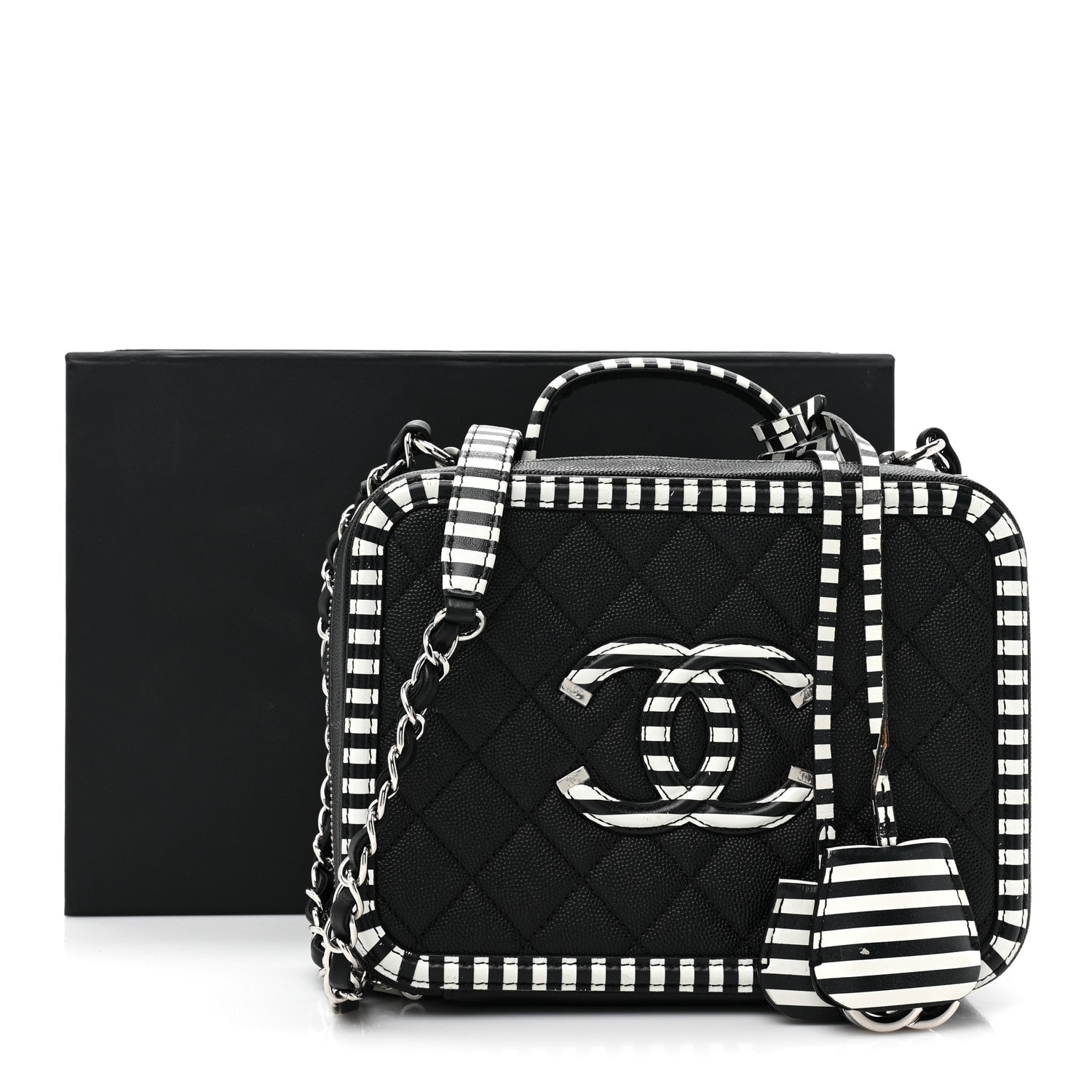 Chanel Caviar Quilted Striped Medium CC Filigree Vanity Case Black White 14 of 14