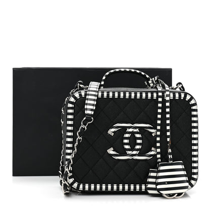 Chanel Caviar Quilted Striped Medium CC Filigree Vanity Case Black White 14 of 14