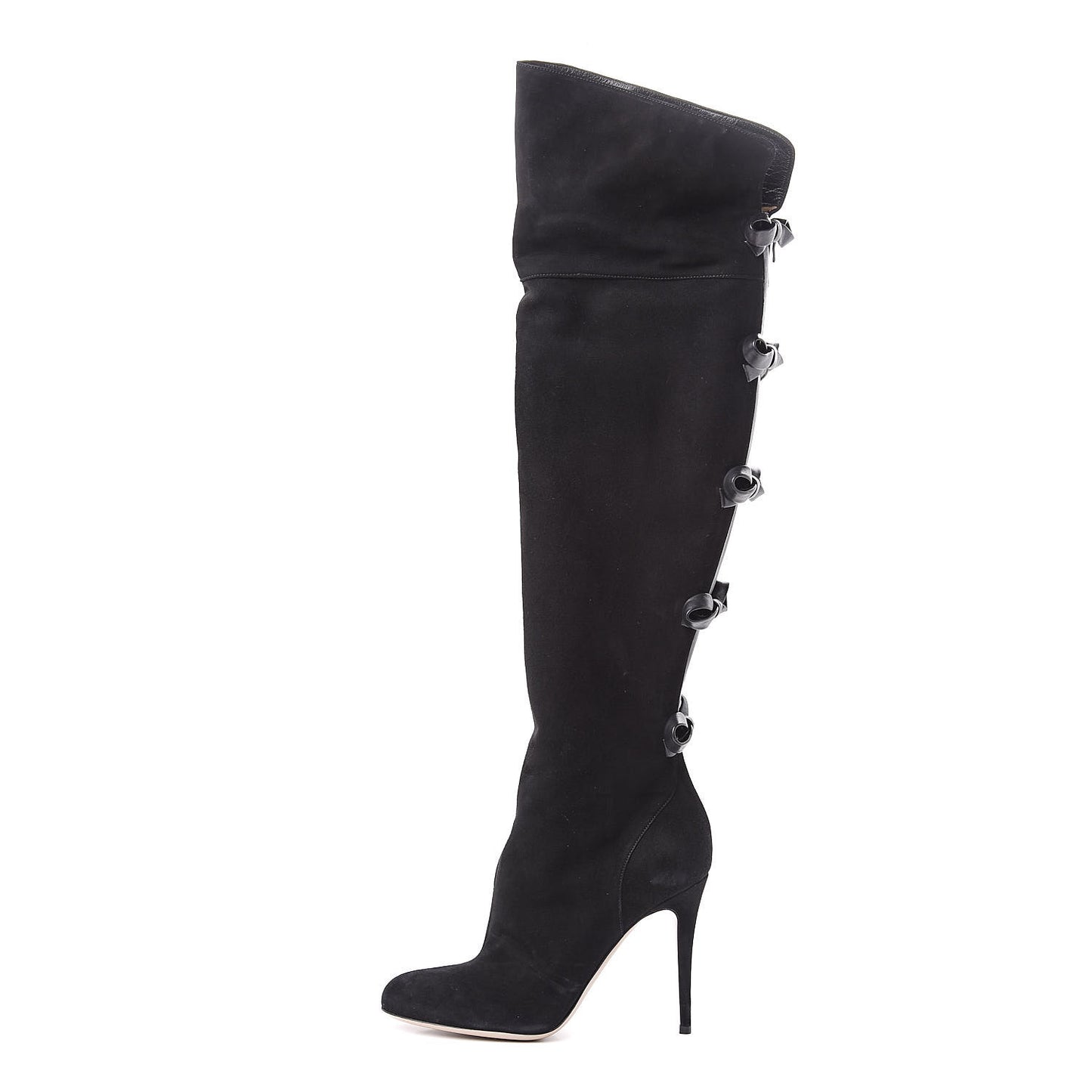 Calfskin Suede Bow Over the Knee Boots 39 Black