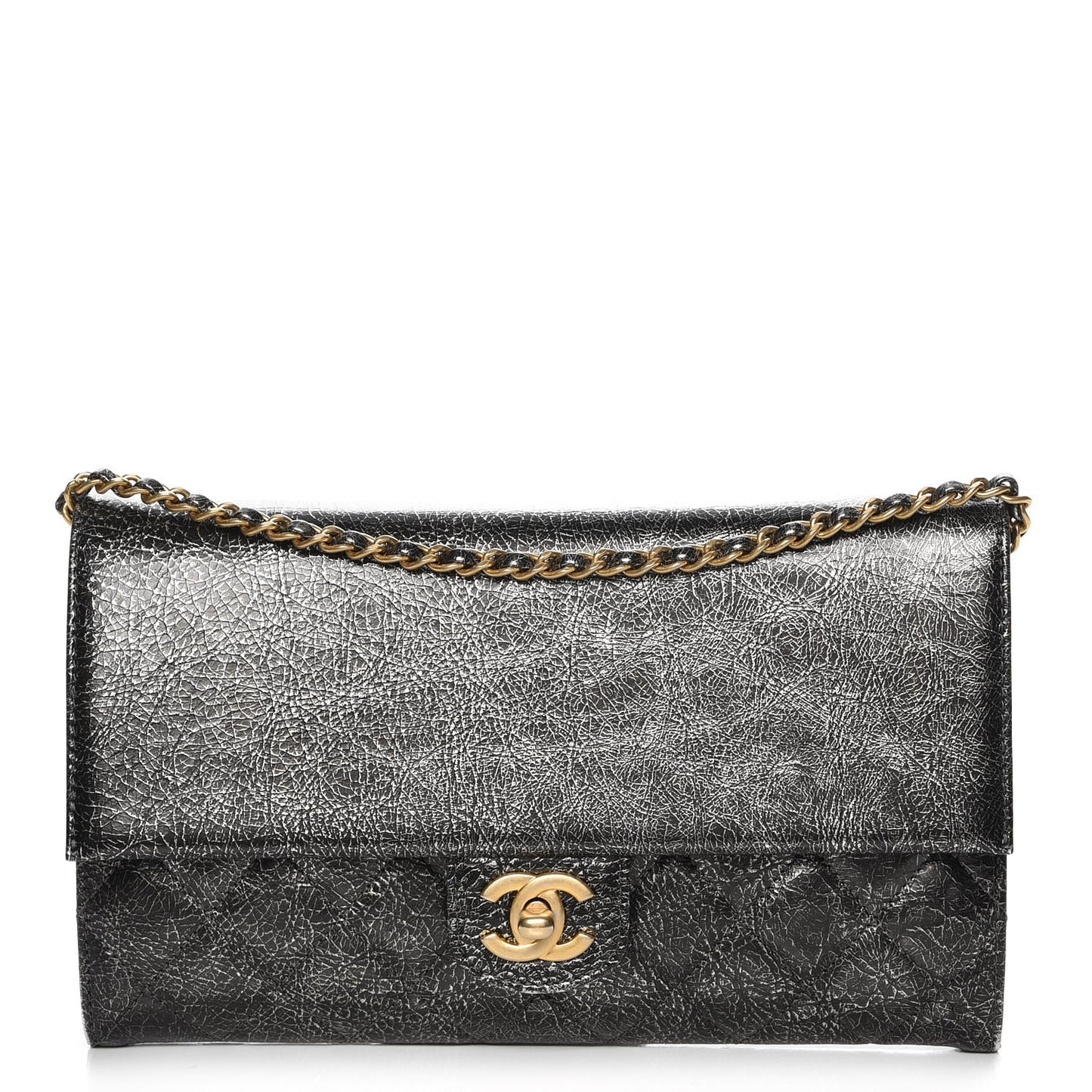 Cracked Metallic Calfskin Quilted Zip Away Chain Clutch Dark Silver