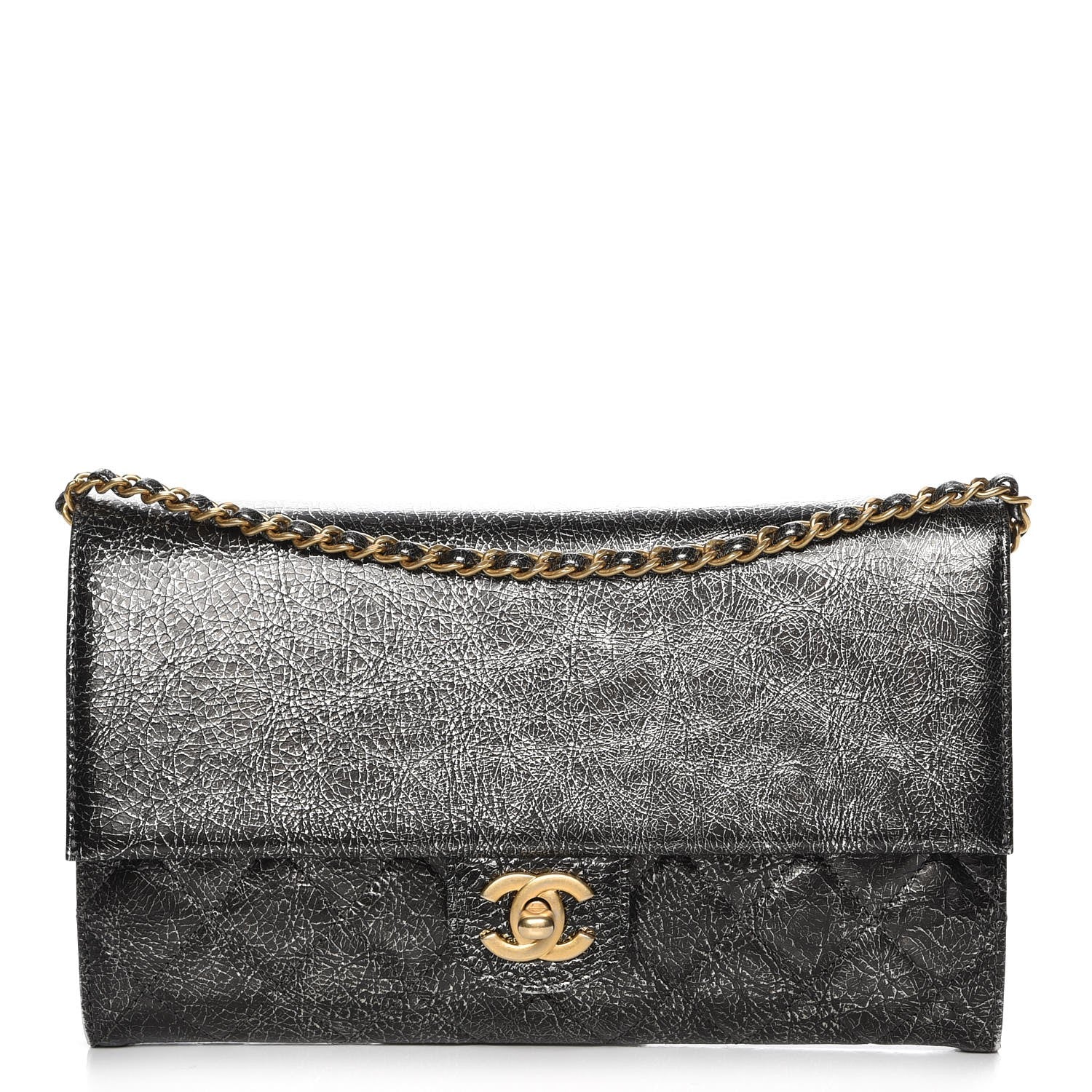 Chanel Cracked Metallic Calfskin Quilted Zip Away Chain Clutch Dark Silver 1 of 8