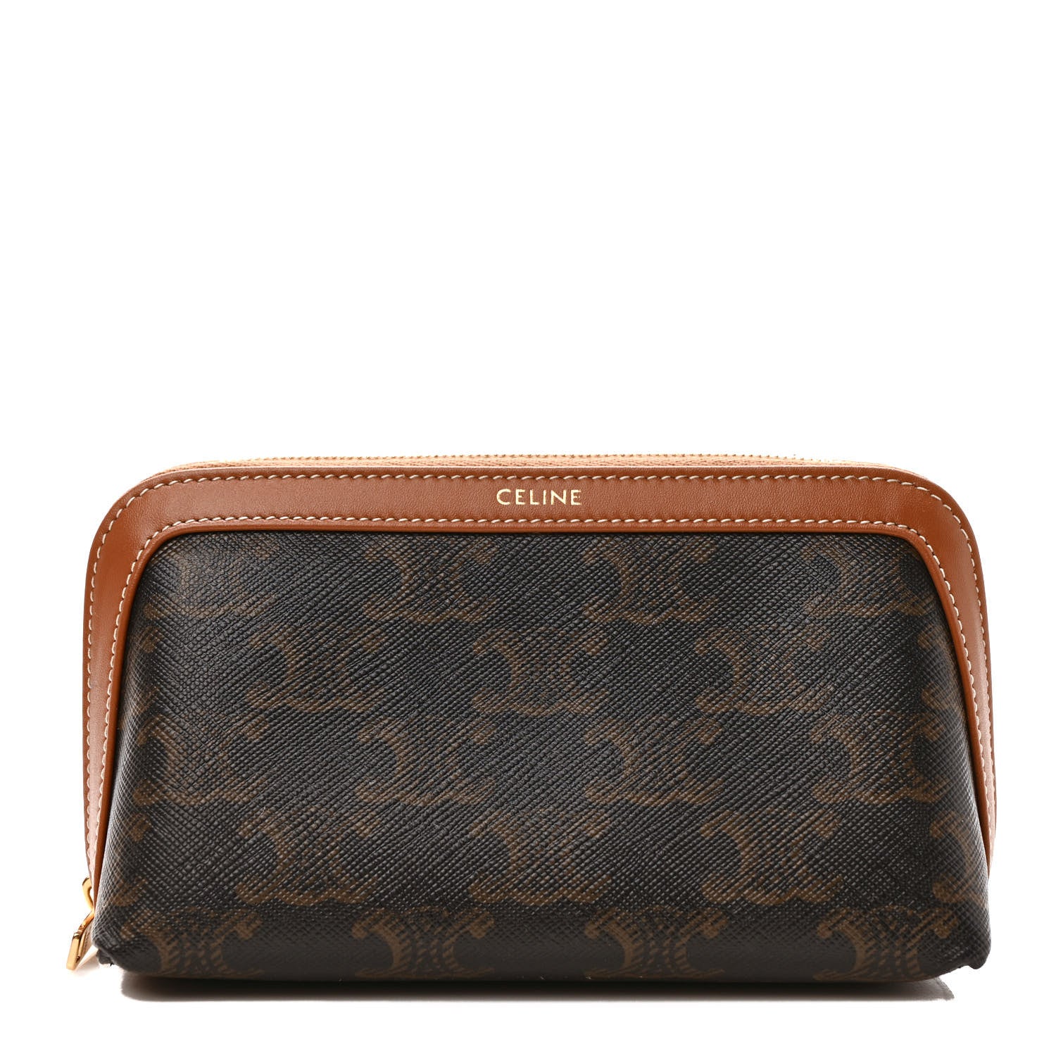 Celine Triomphe Canvas Calfskin Small Cosmetic Pouch Tan 1 of 7