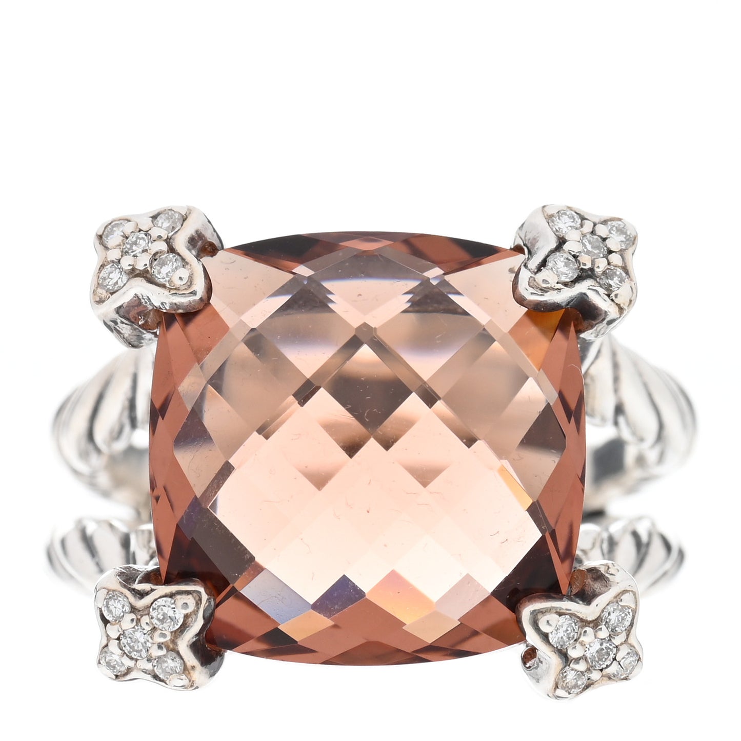 Sterling Silver Diamond Morganite 15mm Cushion On Point Ring 53 6.5