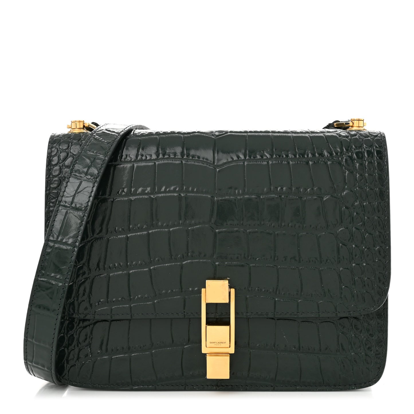 Calfskin Crocodile Embossed Carre Satchel Dark Mint