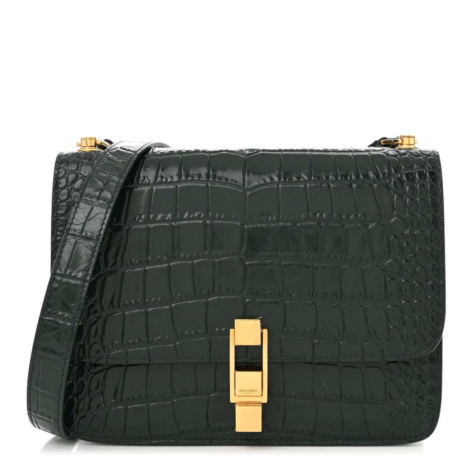 Saint Laurent Calfskin Crocodile Embossed Carre Satchel Dark Mint 1 of 10