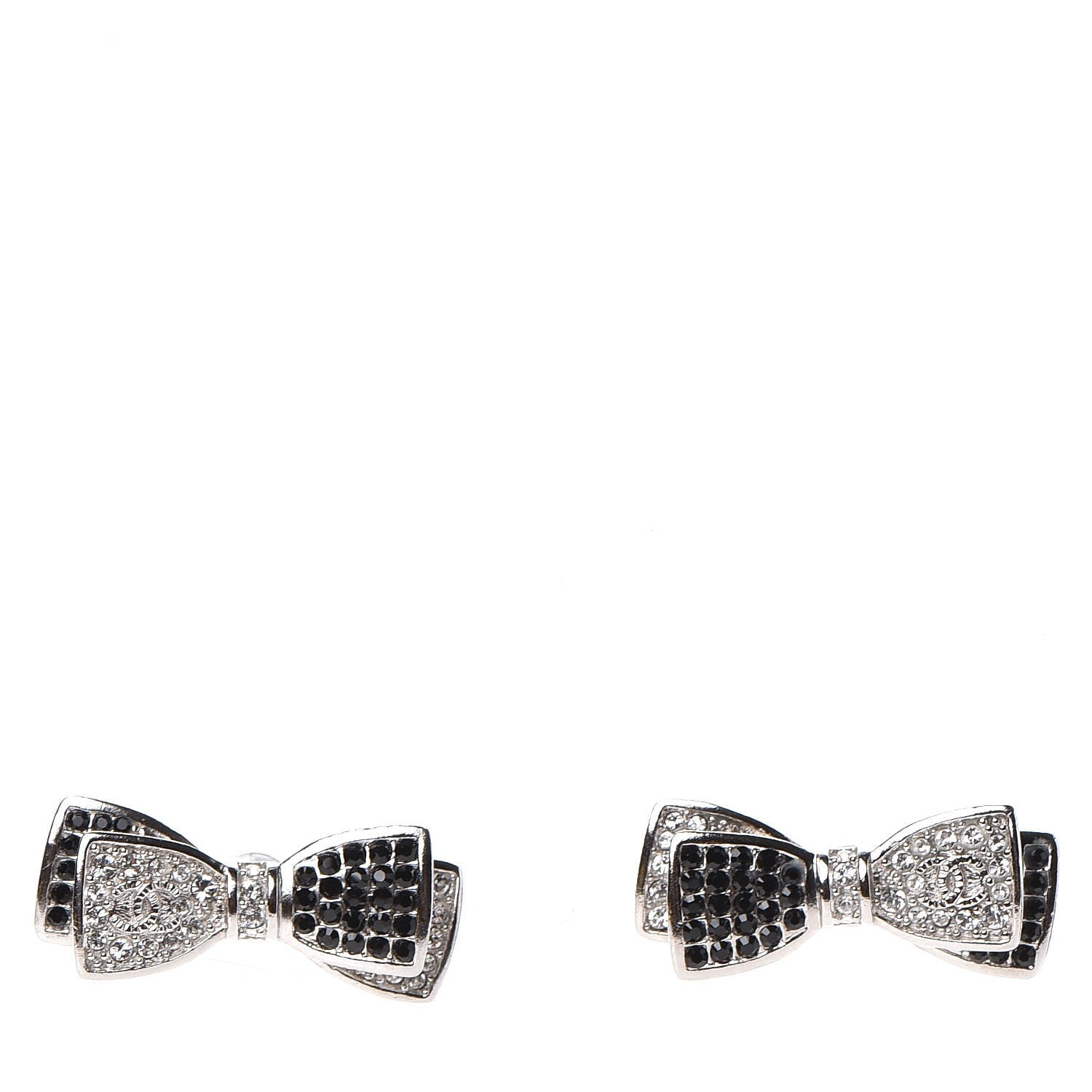 Chanel Crystal CC Bow Earrings Black Silver 1 of 5