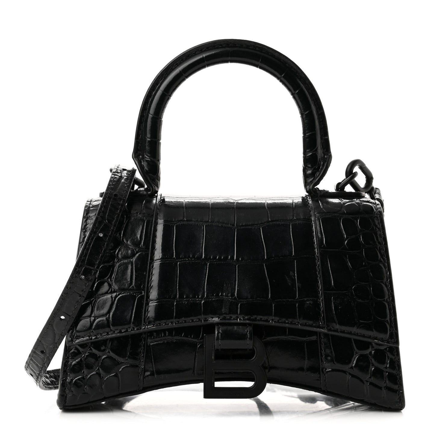 Shiny Calfskin Monochrome Crocodile Embossed Hourglass Top Handle Bag XS Black
