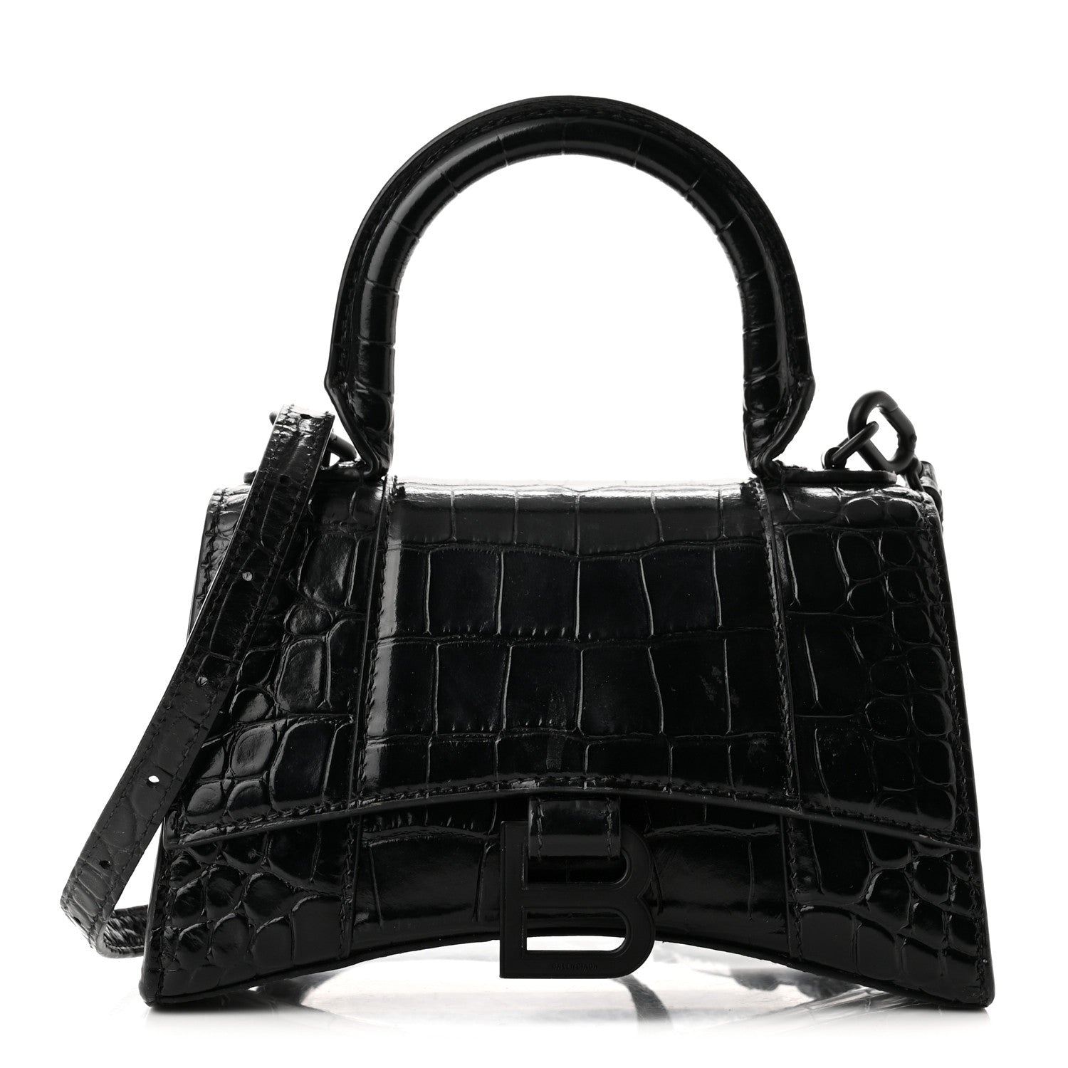 Balenciaga Shiny Calfskin Monochrome Crocodile Embossed Hourglass Top Handle Bag XS Black 1 of 11