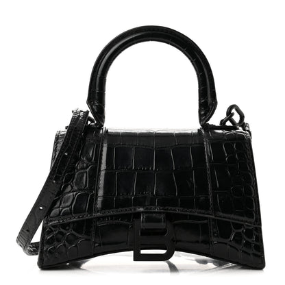 Balenciaga Shiny Calfskin Monochrome Crocodile Embossed Hourglass Top Handle Bag XS Black 1 of 11