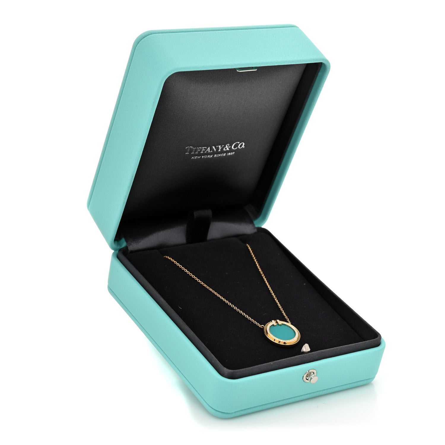 Tiffany 18K Yellow Gold Diamond Turquoise T Circle Pendant Necklace 13 of 14