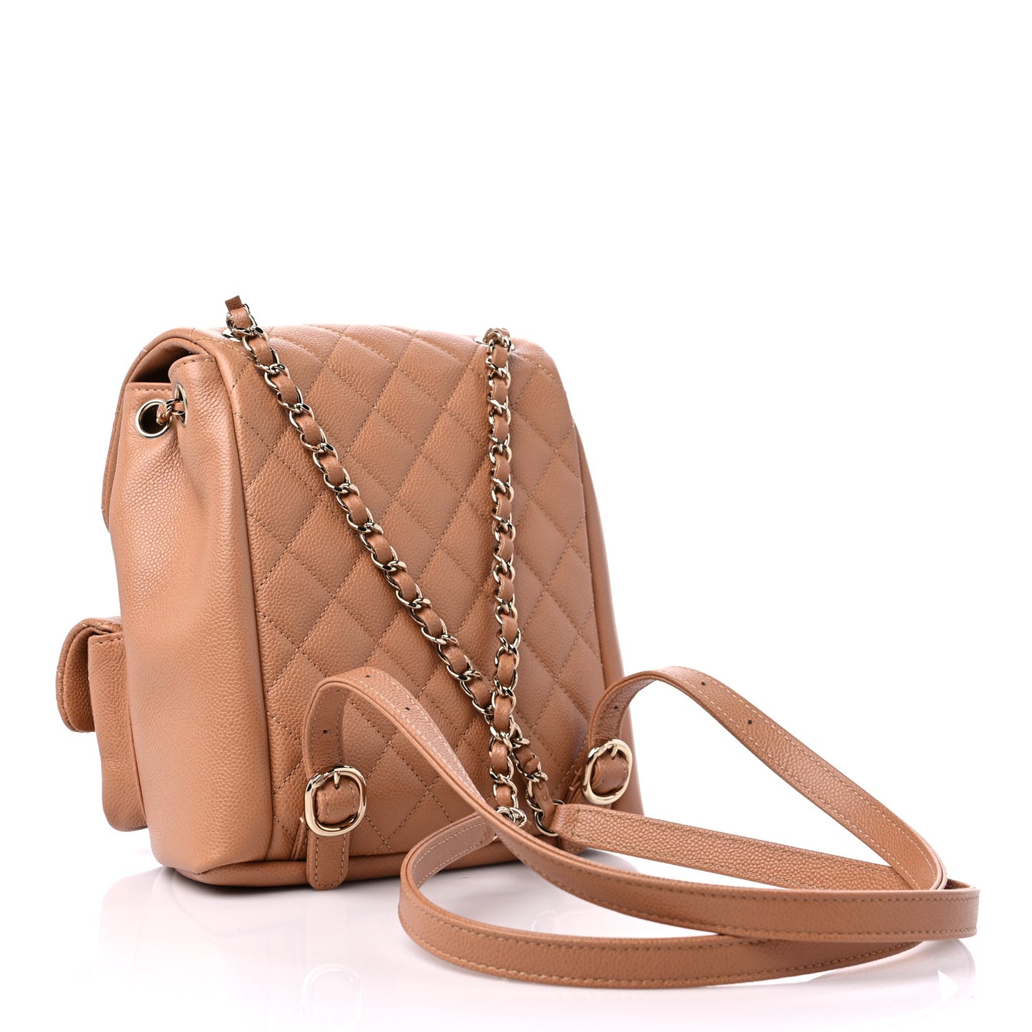 Shiny Caviar Quilted Medium Duma Pockets Drawstring Backpack Dark Beige