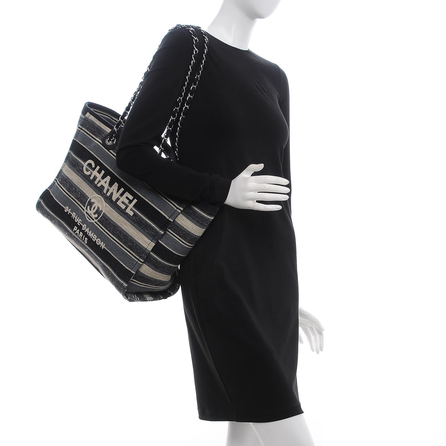 Striped Canvas Medium Deauville Tote Black