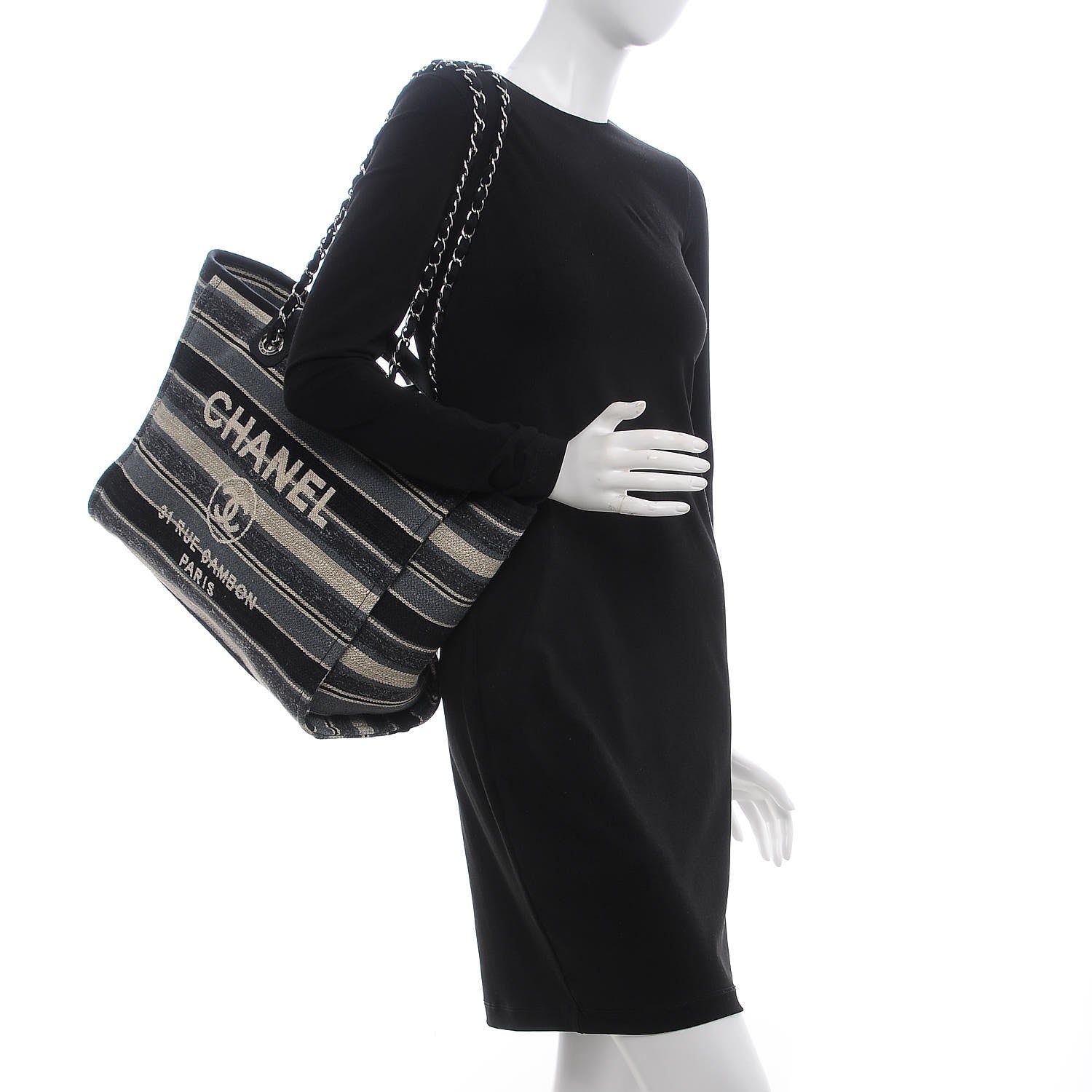 Chanel Striped Canvas Medium Deauville Tote Black 2 of 8