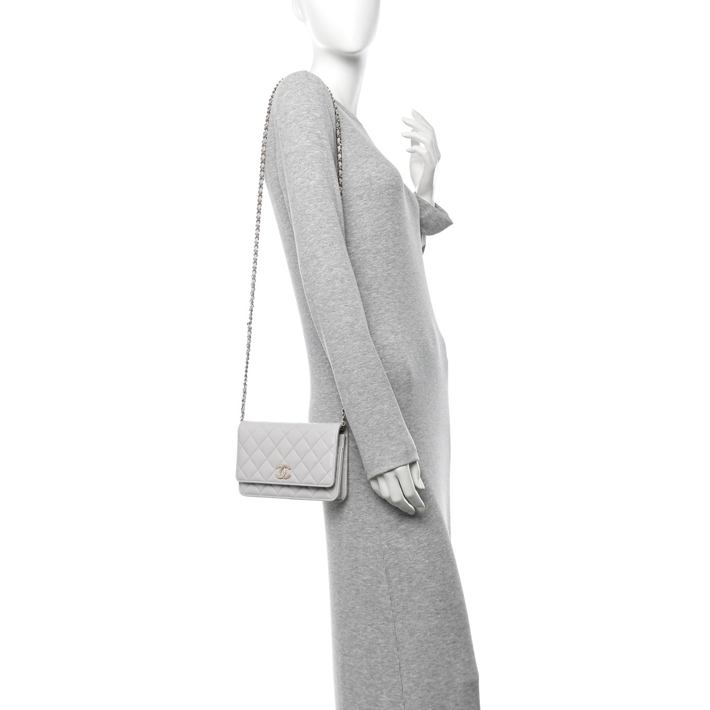 Lambskin Quilted Crystal CC Wallet On Chain WOC Grey