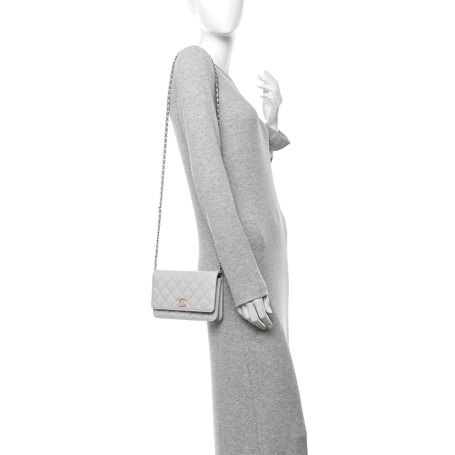 Chanel Lambskin Quilted Crystal CC Wallet On Chain WOC Grey 2 of 12