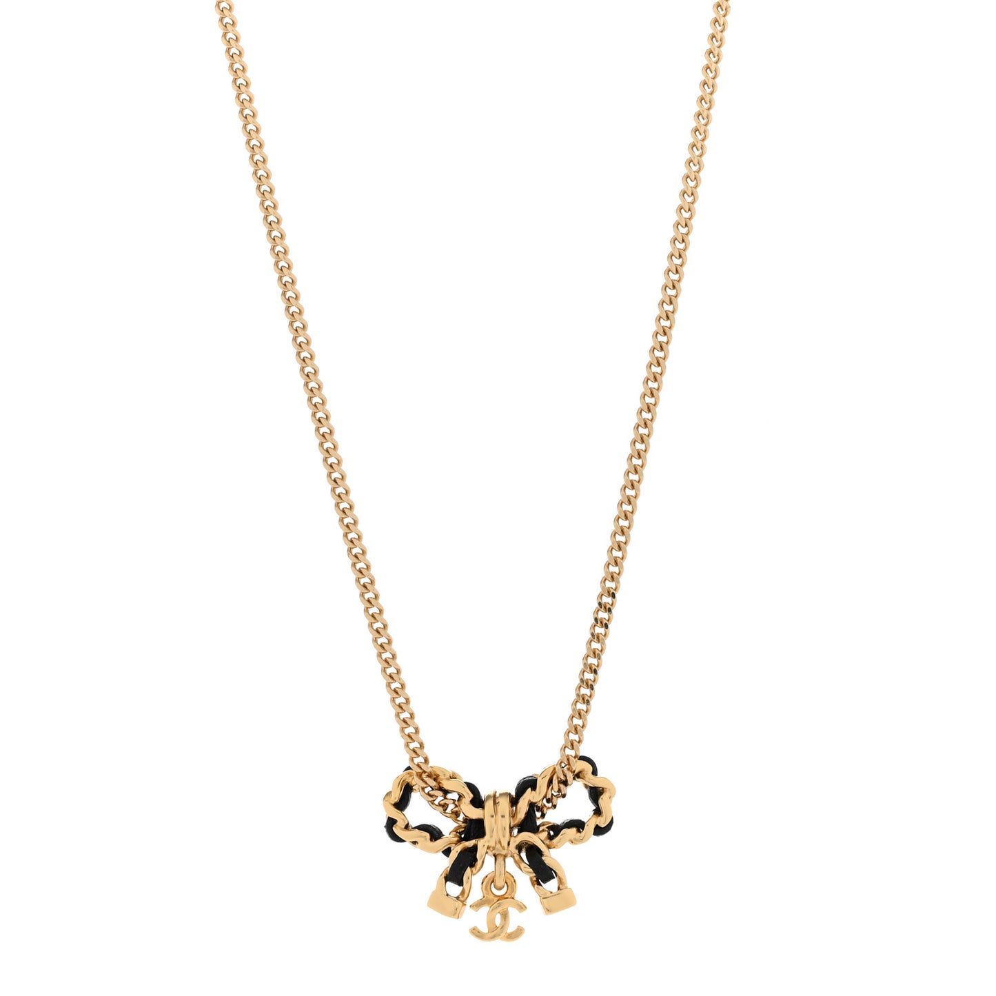 Metal Lambskin Chain CC Bow Necklace Black Gold