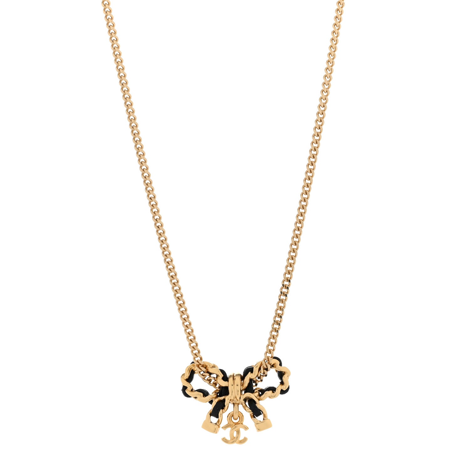 Chanel Metal Lambskin Chain CC Bow Necklace Black Gold 1 of 6
