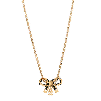 Chanel Metal Lambskin Chain CC Bow Necklace Black Gold 1 of 6