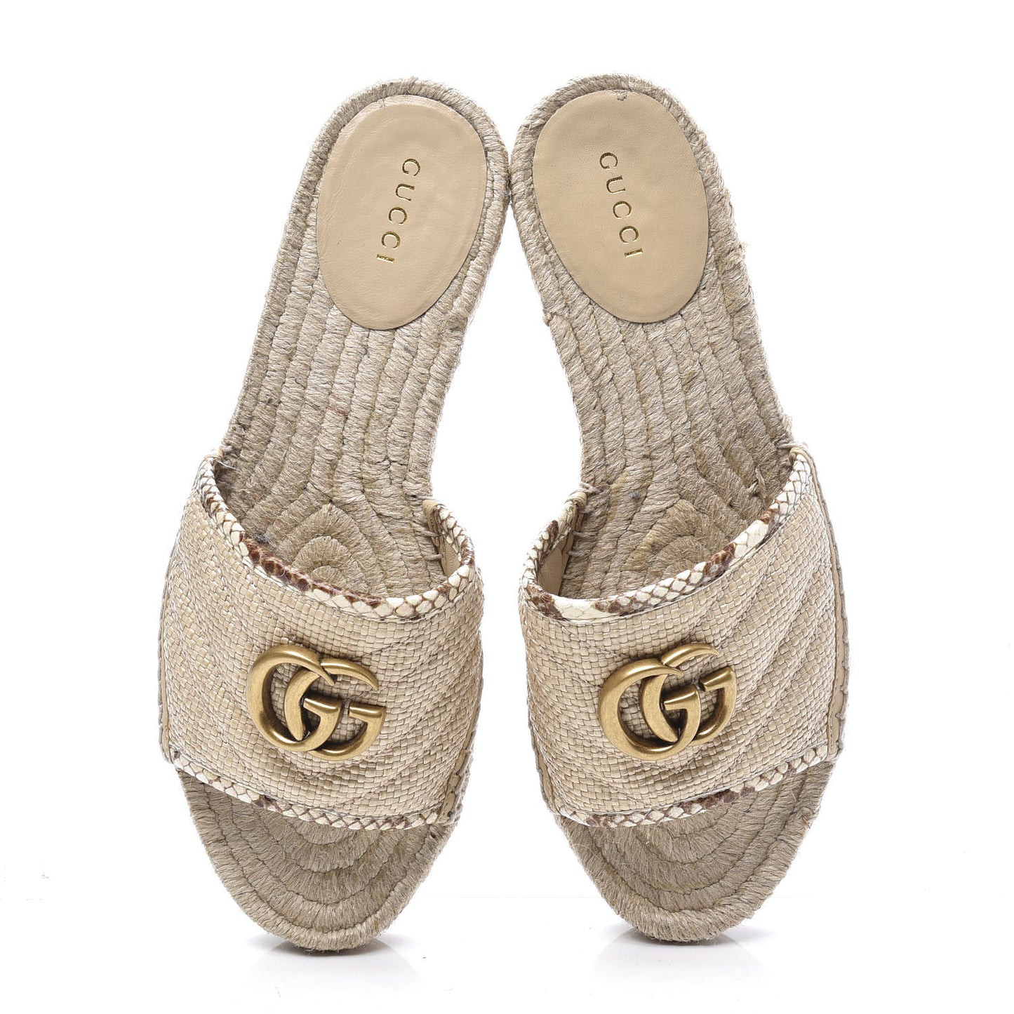 Straw Elaphe Matelasse GG Marmont Espadrille Slide Sandals 37 Natural Cream Brown