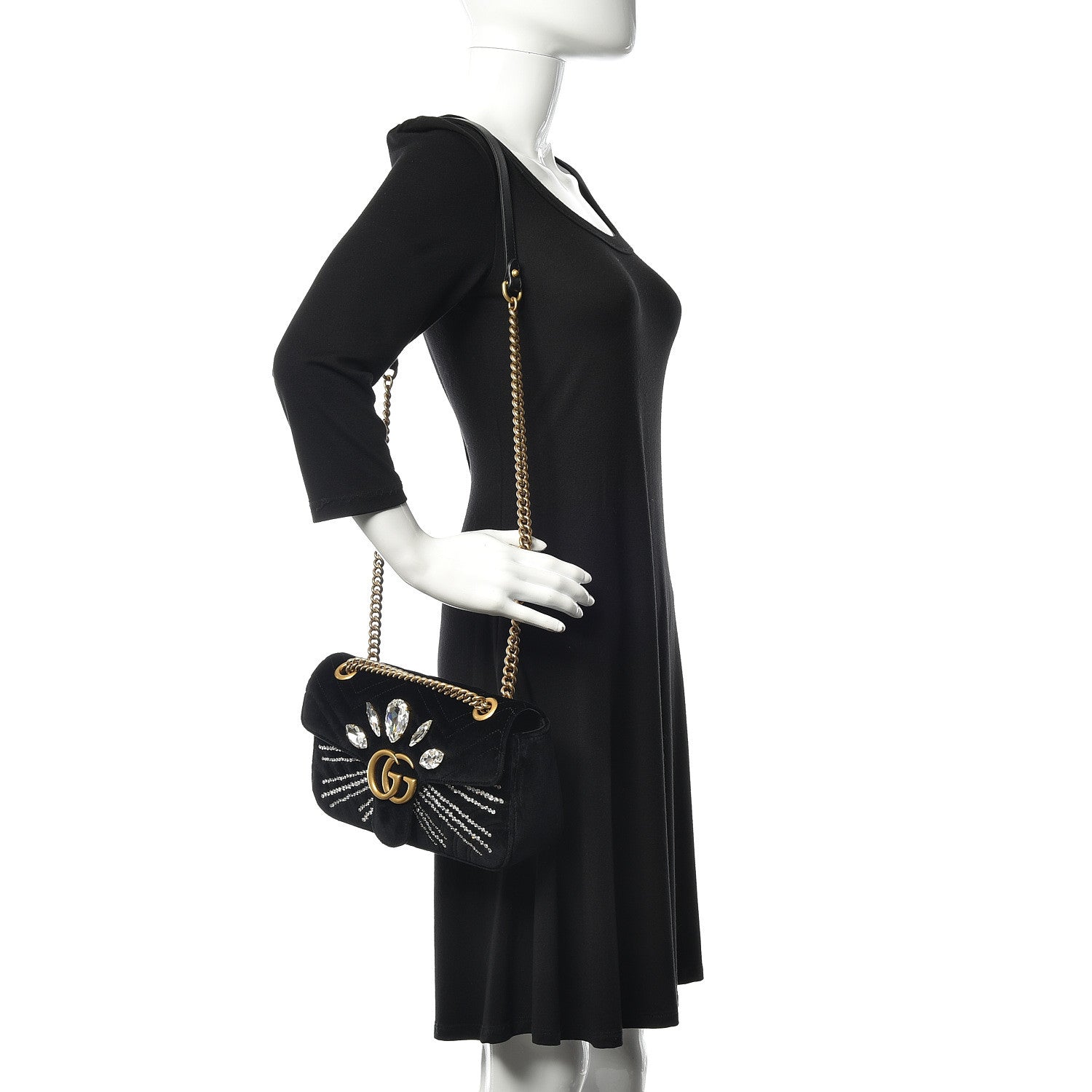 Gucci Velvet Matelasse Marquise Crystals Embroidered Small GG Marmont Shoulder Bag Black 2 of 10