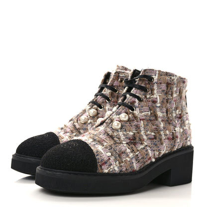 Chanel Tweed Calfskin Pearl Combat Short Boots 38 Beige Pink Black 3 of 8