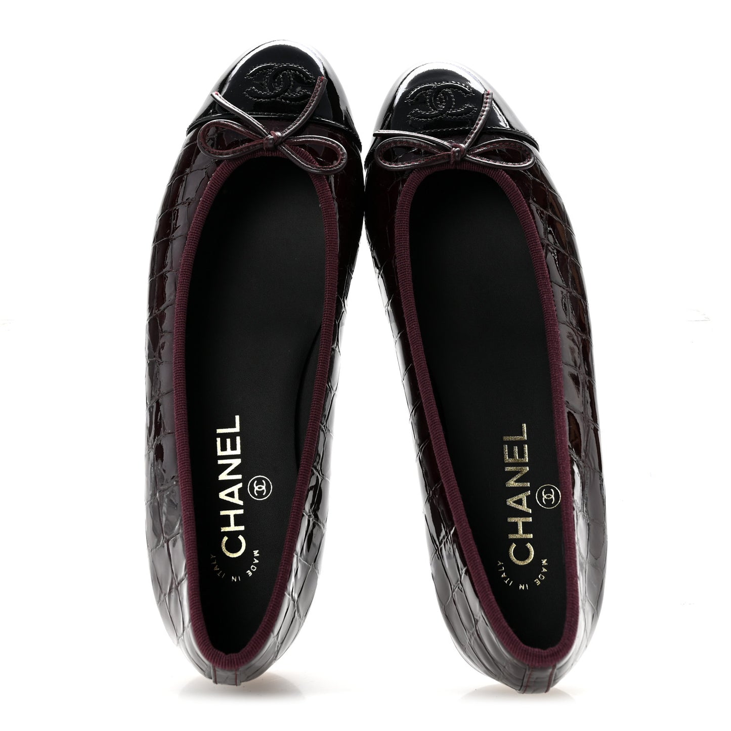 Patent Calfskin Crocodile Embossed Ballerina Flats 39 Dark Burgundy Black