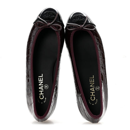 Chanel Patent Calfskin Crocodile Embossed Ballerina Flats 39 Dark Burgundy Black 2 of 9