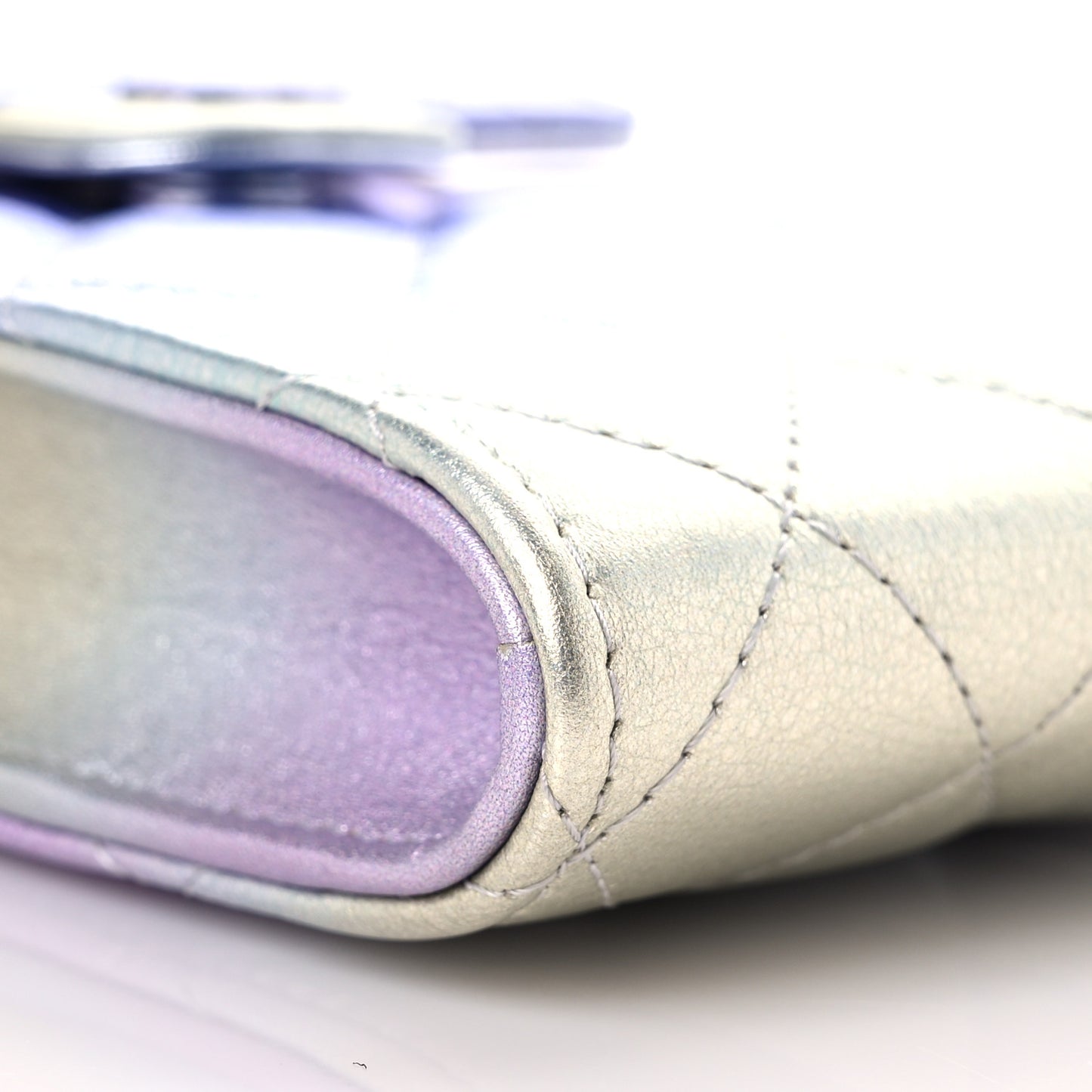 Gradient Metallic Calfskin Quilted CC Phone Holder Silver Blue Yellow Purple