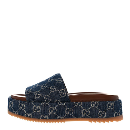 Gucci New Denim GG Monogram Angelina Platform 55mm Slide Sandals 38.5 Blue Tea 1 of 9