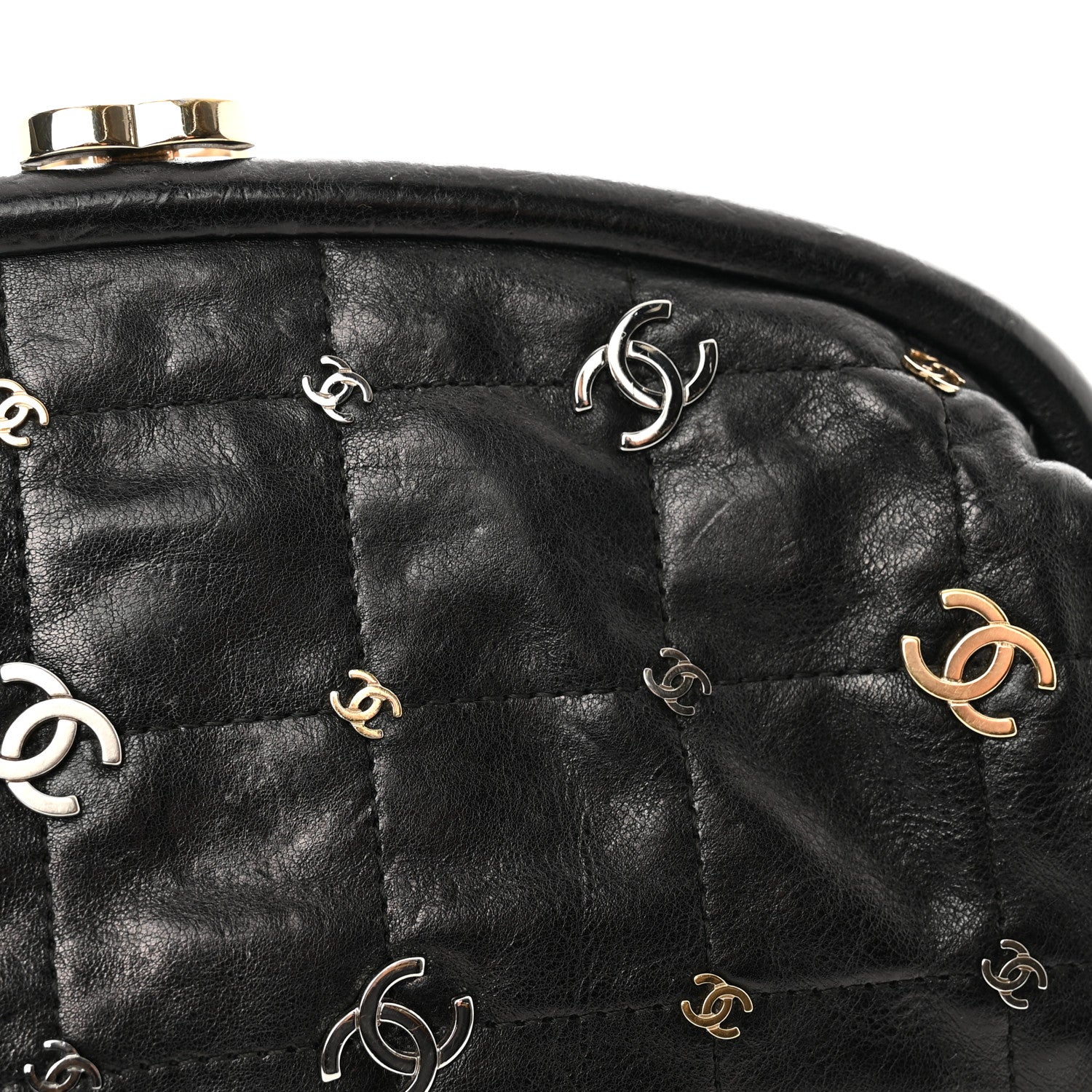 Chanel Calfskin Square Quilted Grommet Embellished Piercing Chic Clutch Black 11 of 15