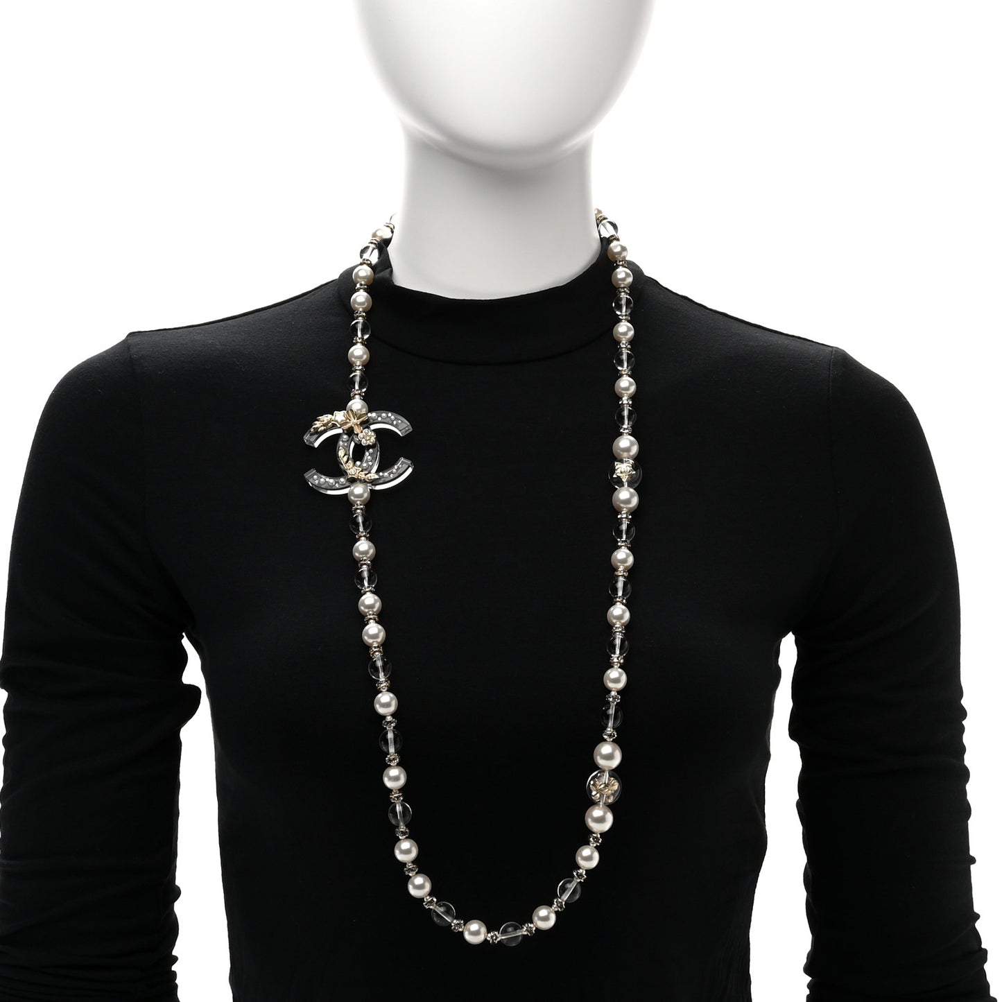 Resin Pearl Crystal CC Necklace Pearly White Transparent Gold