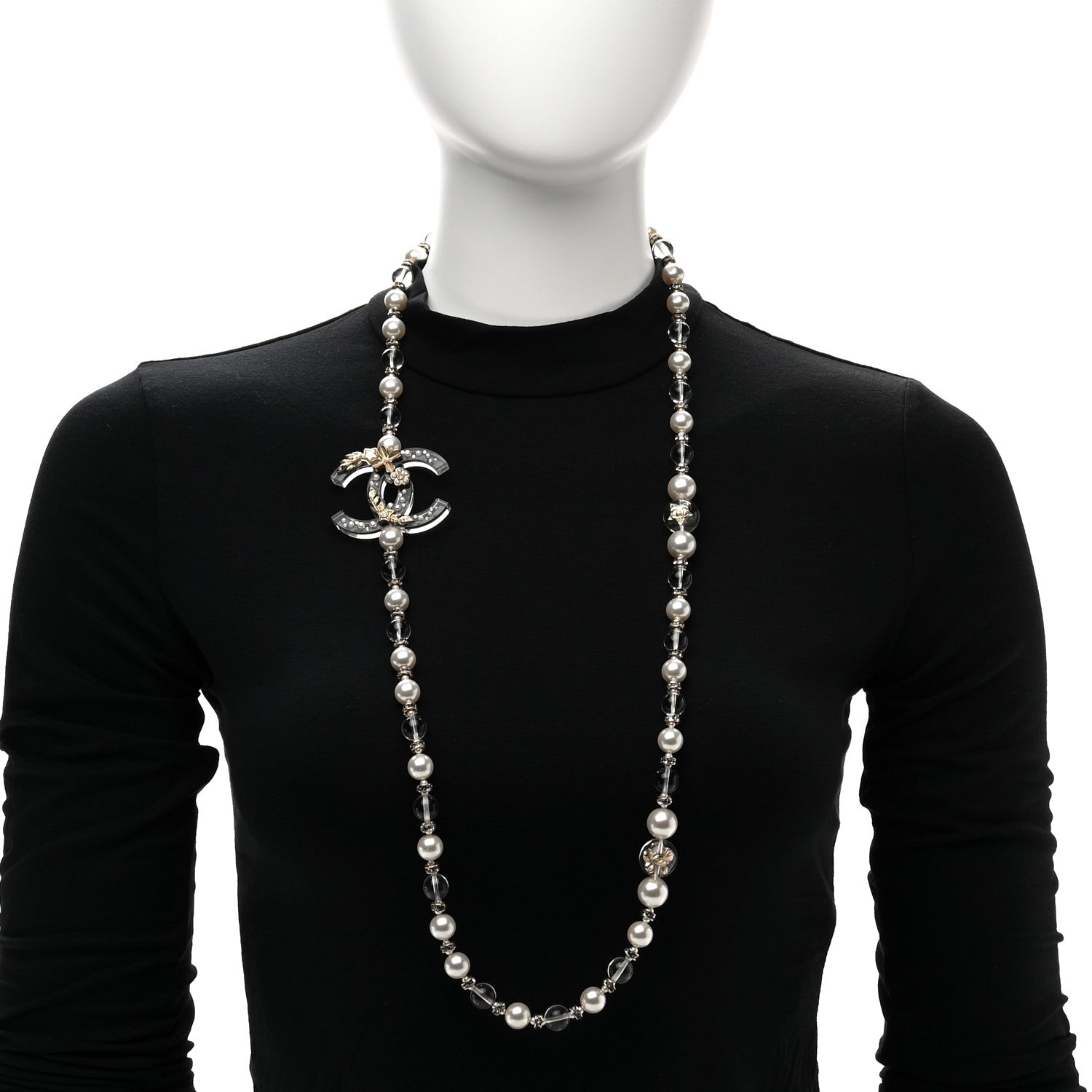 Chanel Resin Pearl Crystal CC Necklace Pearly White Transparent Gold 2 of 4