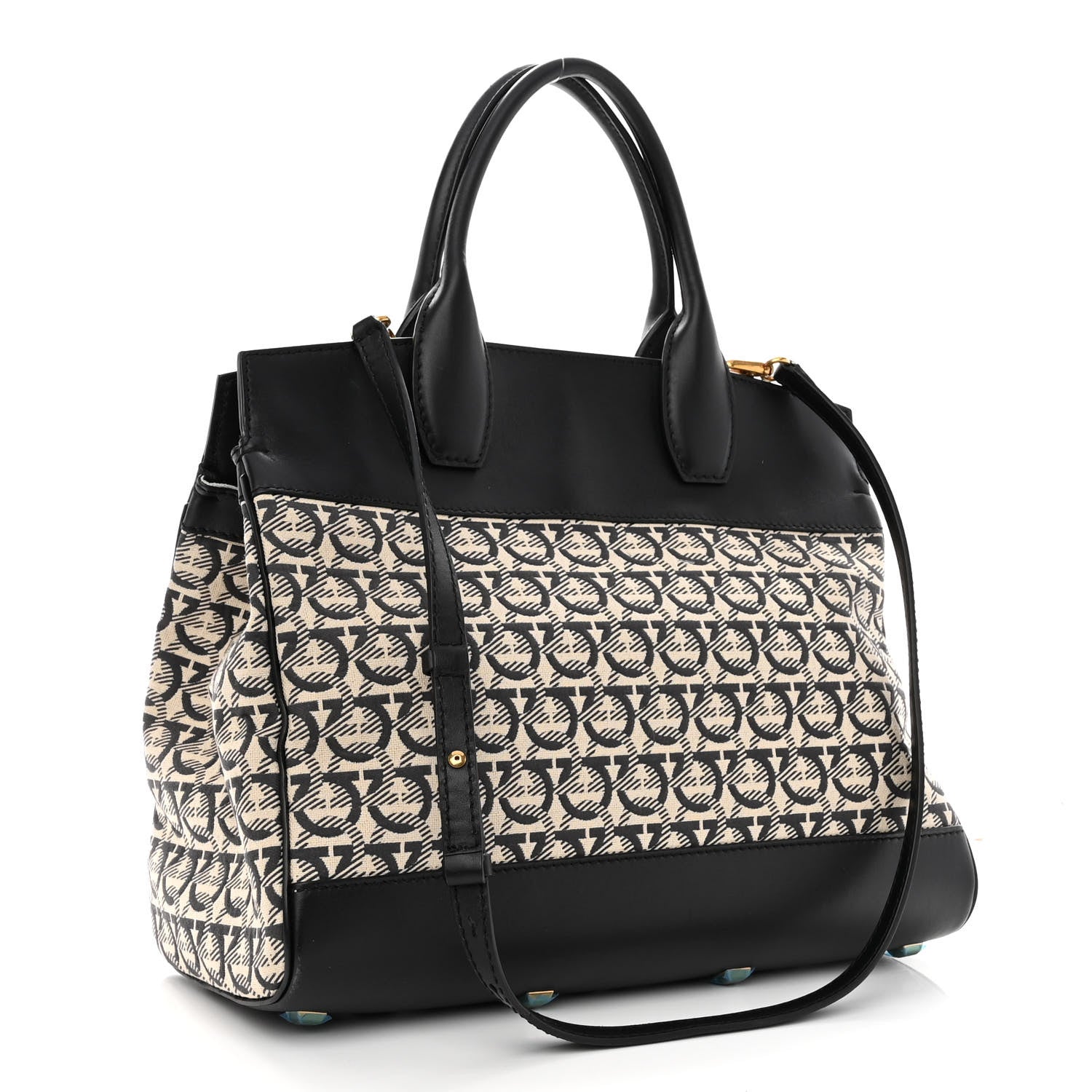 Salvatore Ferragamo Canvas Calfskin Gancini The Studio Bag Black Beige 4 of 10