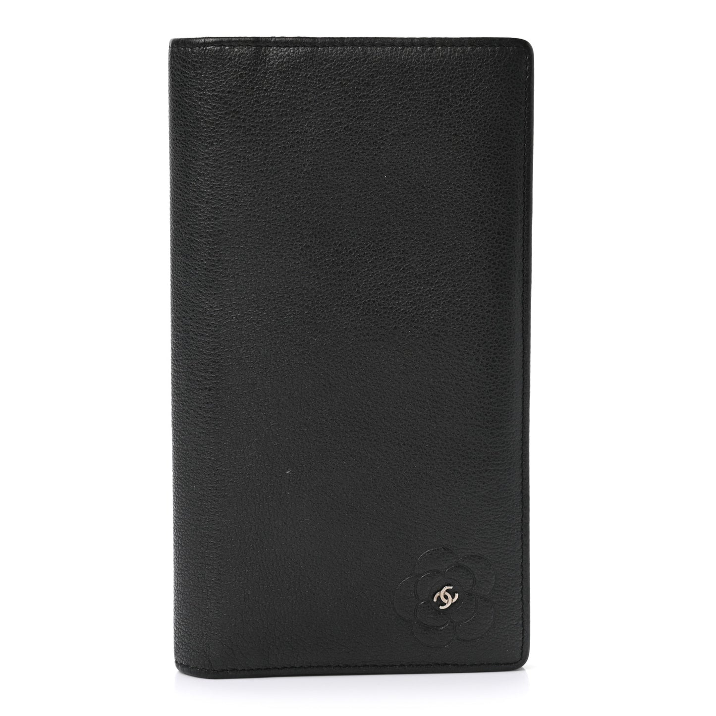 Goatskin Camellia Embossed Yen Wallet Black