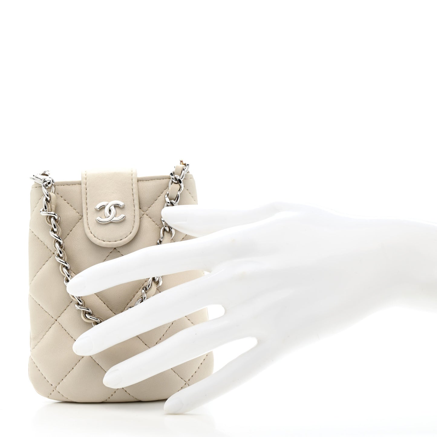 Lambskin Quilted Phone Holder On Chain White