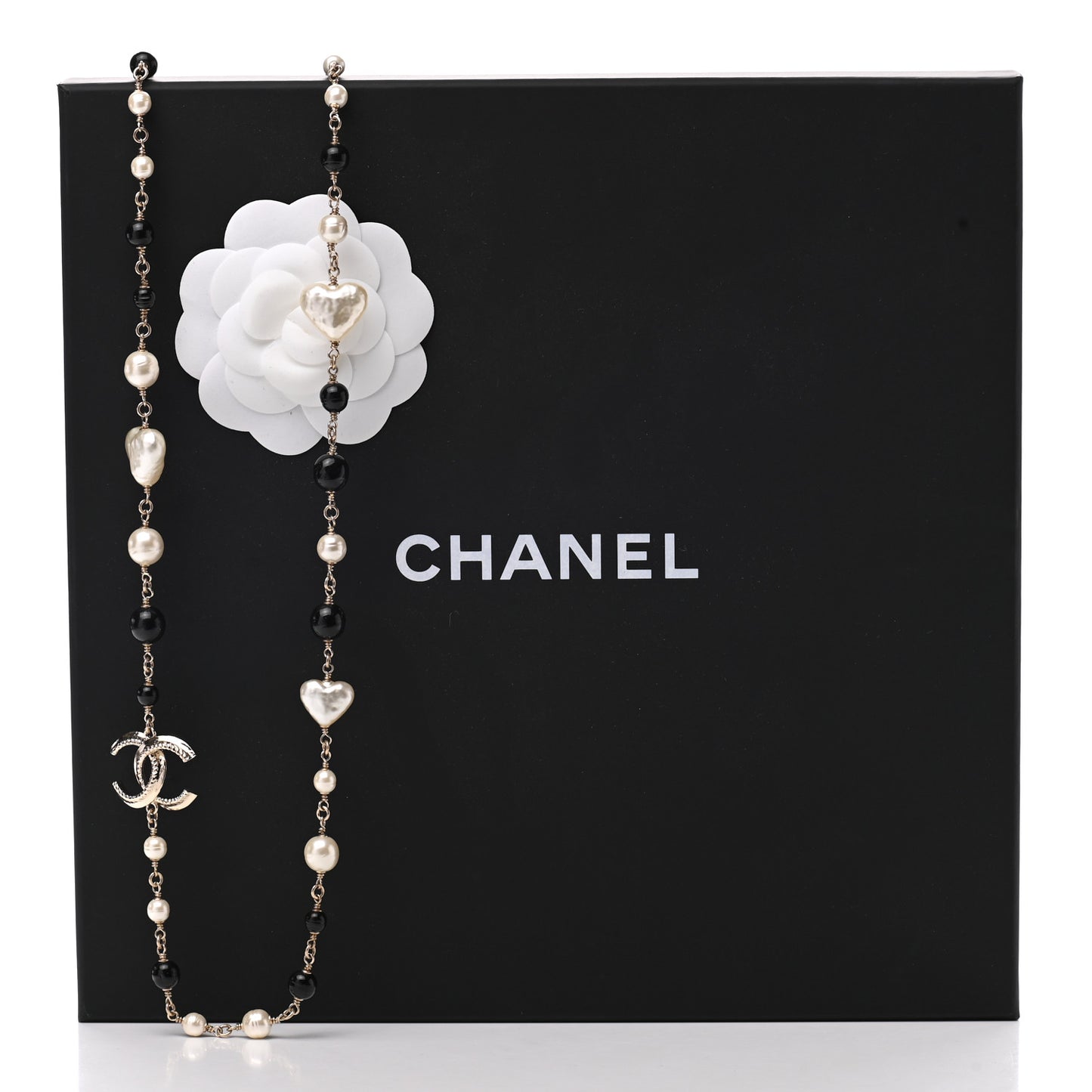 Pearl Bead Heart CC Long Necklace Gold Black