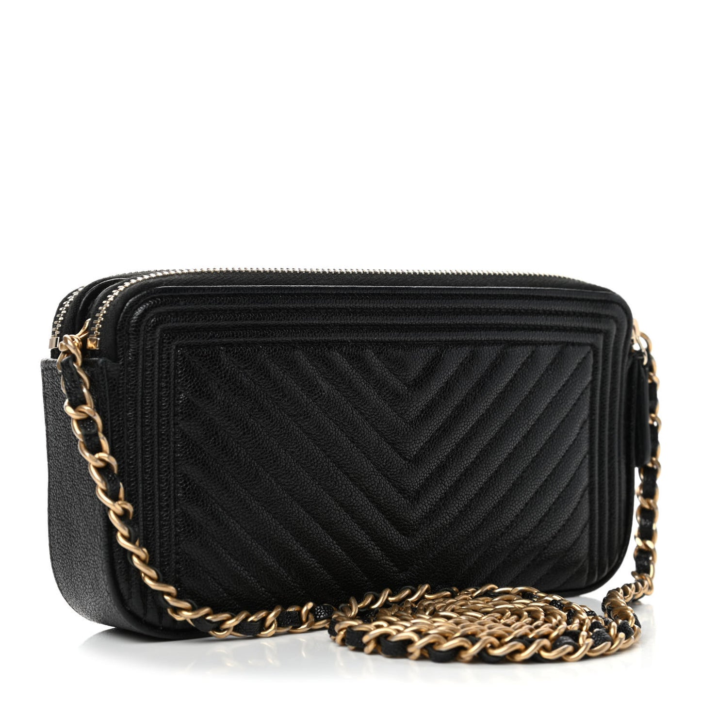 Caviar Chevron Small Boy Clutch With Chain Black