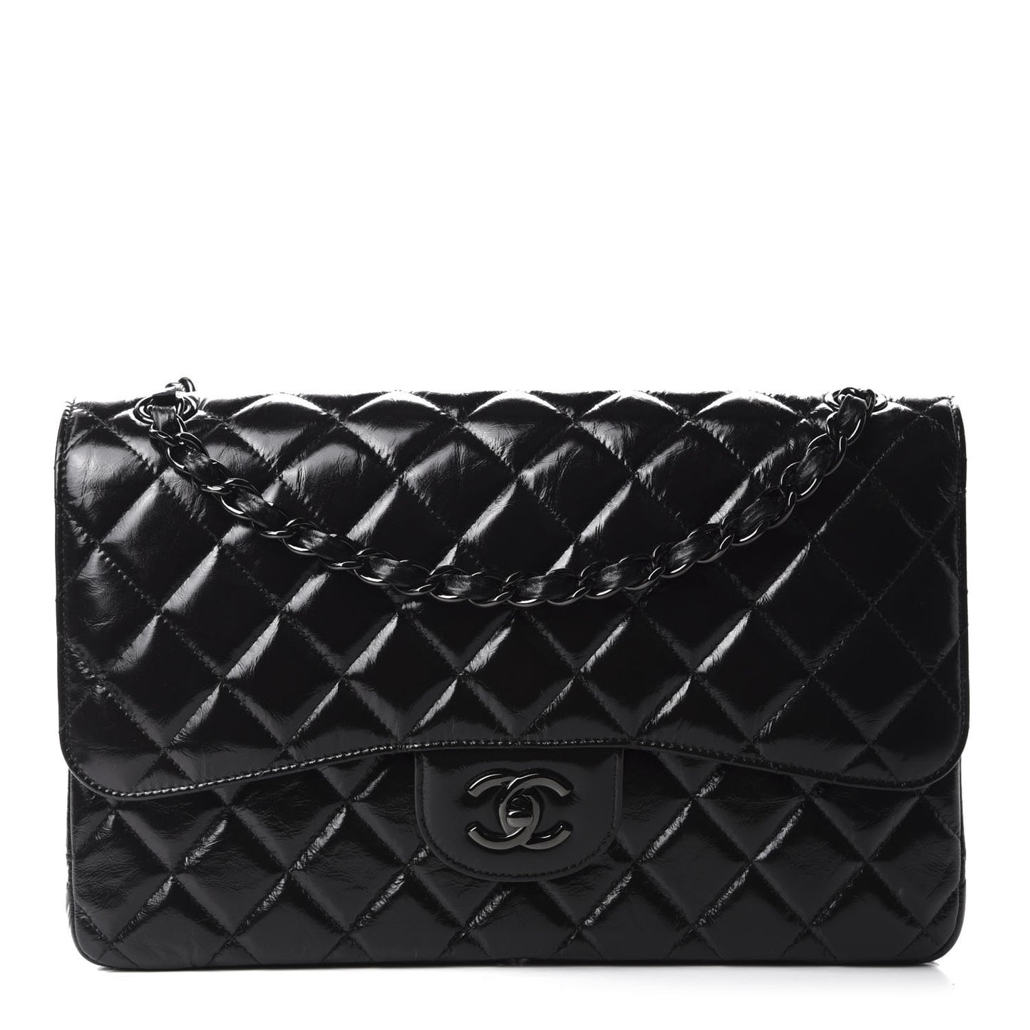 Shiny Distressed Calfskin Quilted Jumbo Double Flap So Black