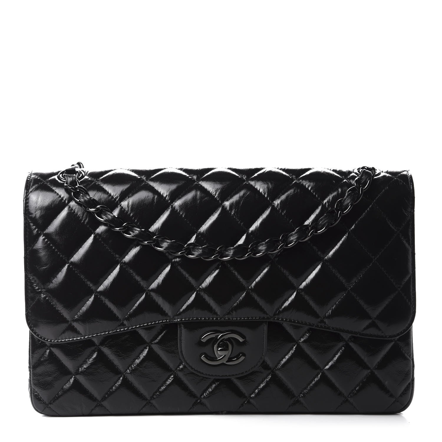 Chanel Shiny Distressed Calfskin Quilted Jumbo Double Flap So Black 1 of 11