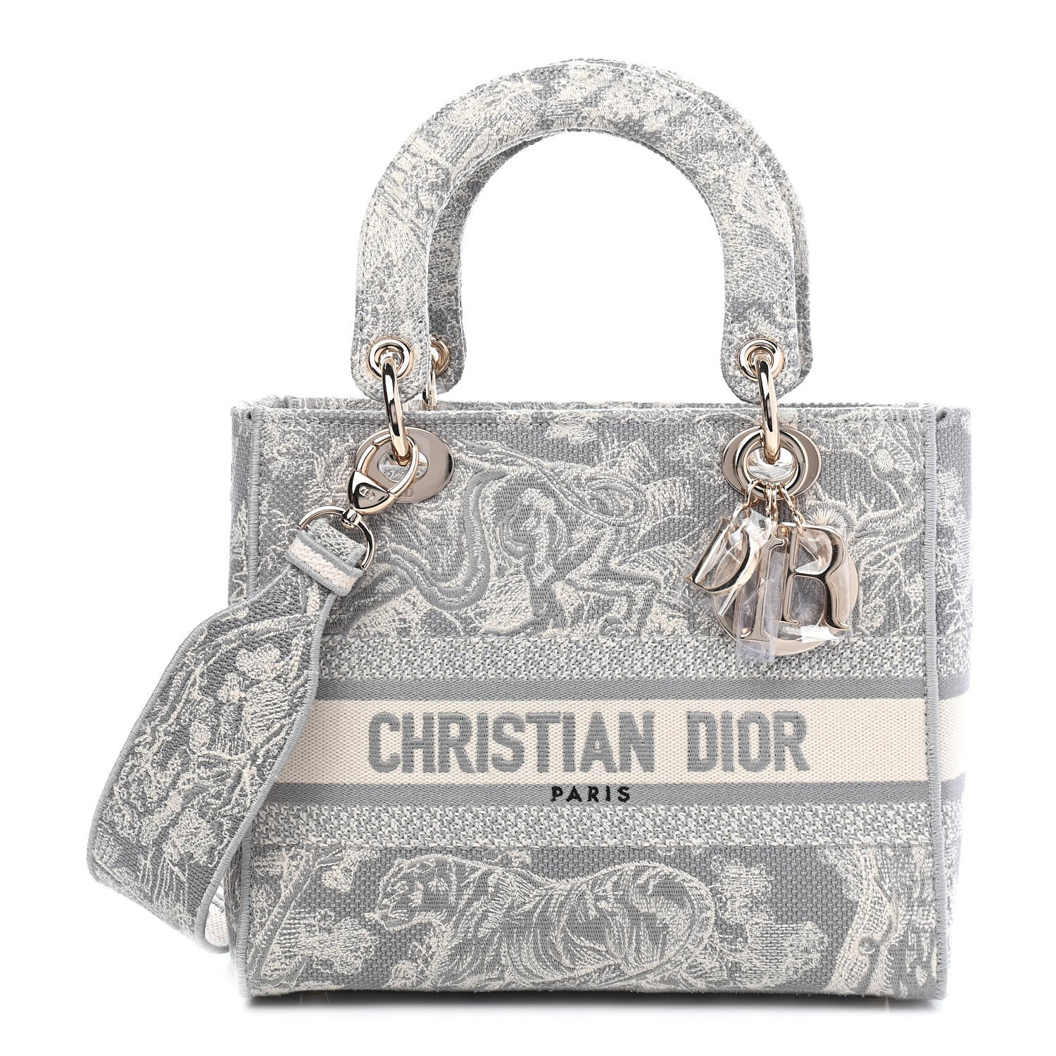 Christian Dior Canvas Toile De Jouy Reverse Embroidered Medium Lady D-Lite Gray 1 of 10