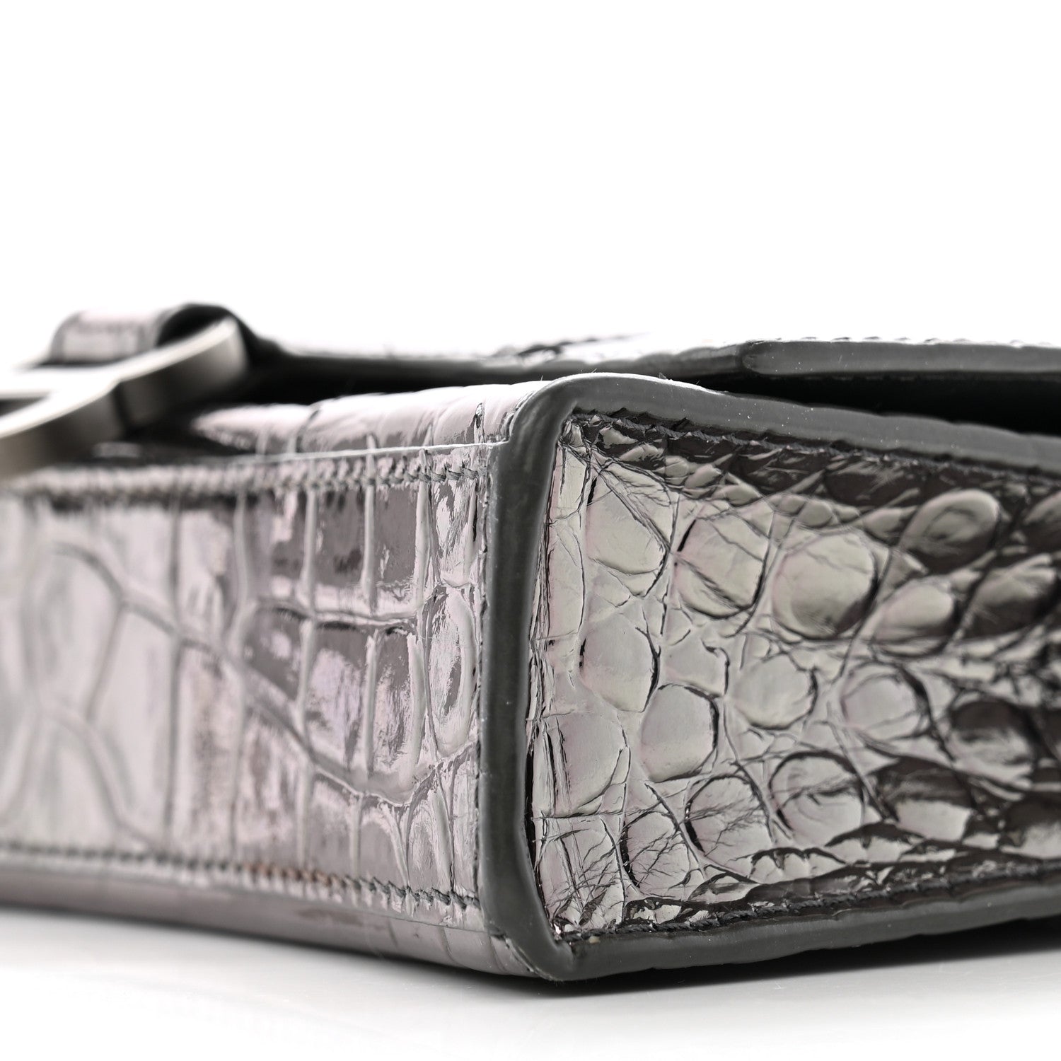 Balenciaga Shiny Metallic Calfskin Crocodile Embossed Hourglass Chain Bag Gunmetal 9 of 12