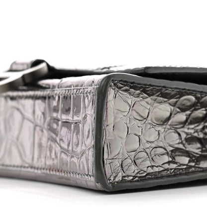 Balenciaga Shiny Metallic Calfskin Crocodile Embossed Hourglass Chain Bag Gunmetal 9 of 12