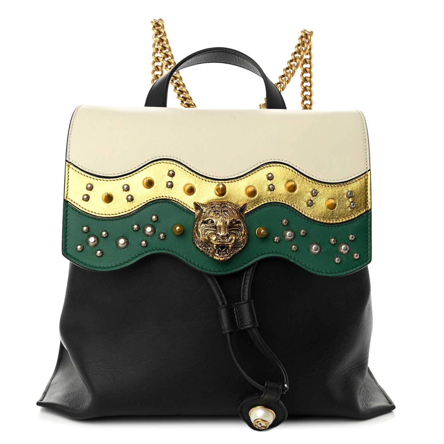 Calfskin Medium Malin Chain Backpack White Black Gold