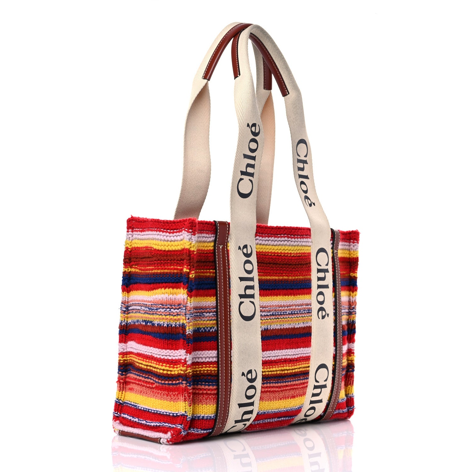 Chloe Knit Calfskin Medium Woody Ribbon Tote Red Multicolor 3 of 10